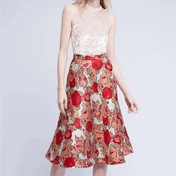 {Anthropologie} Rachel Antonoff Red Rose Jacquard Skirt - Picture 5 of 15